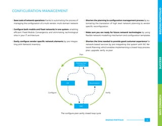 CONFIGURATION MANAGEMENT
.. Save costs of network operations thanks to automating the process of
managing the configuration of a multi-vendor, multi-domain network
.. Configure both mobile and fixed networks in one system, enabling
efficient Fixed-Mobile Convergence and eliminating technological
silos in your IT architecture
.. Easily configure vendor-specific network elements by pre-integra-
ting with Network Inventory
.. Shorten the planning to configuration management process by au-
tomating the translation of high level network planning to vendor
specific reconfiguration
.. Make sure you are ready for future network technologies by using
flexible network modelling mechanism and configuration templates
.. Shorten the time needed to provide good customer experience for
network-based services by pre-integrating the system with NG Ne-
twork Planning, which enables implementing a closed-loop process:
plan, upgrade, verify, re-plan
The configure-plan-verify closed-loop cycle
Planning Tool
+ Inventory
CM Reconciliation
Verify
Plan
Conﬁgure
OMC
WHYCOMARCHBSS/OSSPORTFOLIOSUCCESSWHYCOMARCHBSS/OSSPORTFOLIOSUCCESS
BSS/OSS PORTFOLIO 35
 