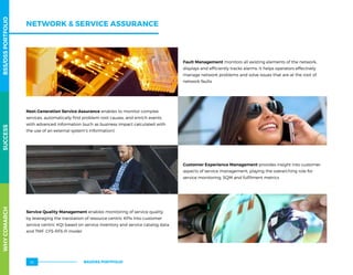 NETWORK  SERVICE ASSURANCE
Fault Management monitors all existing elements of the network,
displays and efficiently tracks alarms. It helps operators effectively
manage network problems and solve issues that are at the root of
network faults
Next Generation Service Assurance enables to monitor complex
services, automatically find problem root causes, and enrich events
with advanced information (such as business impact calculated with
the use of an external system’s information)
Customer Experience Management provides insight into customer
aspects of service management, playing the overarching role for
service monitoring, SQM and fulfilment metrics
Service Quality Management enables monitoring of service quality
by leveraging the translation of resource centric KPIs into customer
service centric KQI based on service inventory and service catalog data
and TMF: CFS-RFS-R model
WHYCOMARCHBSS/OSSPORTFOLIOSUCCESSWHYCOMARCHBSS/OSSPORTFOLIOSUCCESS
BSS/OSS PORTFOLIO36
 