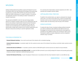 NFV/SDN
Software Defined Networking (SDN) coupled with Network Function
Virtualization (NFV) are new disruptive technologies that provide ways
for telecoms to innovate. SDN and NFV carry the promise of lower
OPEX and CAPEX, allowing you to unleash innovation in the service
and application domains, thus leading to better monetization of
network investments.
The idea behind SDN/NFV is that this new technology enables
telecoms to transform network nodes into micro-datacenters that can
host not only software implemented network function (Virtualized
Network Function) but also customer applications. This way, the
network can be transformed into a distributed platform that can
dynamically re-shape itself to better service customer applications and
allocate its resources according to customer application needs.
For customers this means better customer experience; for CSPs – new
business and increased customer loyalty.
VIRTUALIZED, REAL TIME OSS
To perform this transformation, you need to understand the network
and to see it in an end-to-end mode. This is a job for virtualized OSS
functions, which can be co-hosted with VNFs and applications at the
network nodes, thus becoming a real-time part of the network.
OPEN PLATFORM
To realize the idea of smart, virtualized, software-defined networks,
you need to implement open platforms that OSS functions can
be plugged into and that can be combined with smart algorithms
provided by many different vendors and contributors. Open-source
frameworks / platforms enable collaboration and fair competition
between plug-in providers.
THIS IDEA IS PRESENT IN:
.. Comarch Network Inventory – for an end-to-end view of the network with a complete topology
.. Comarch Service Inventory – to provide insight into the customer service view of the network, thus letting a controller make customer-centric
decisions
.. Comarch NG Service Fulfillment – to translate customer orders for VPN/ M2M-specific vertical services into orders for virtual networks
.. Comarch NG Service Assurance with SQM and CEM – to enable the SDN controller to pro-actively reshape the network and provide good quality
of service, and even implement a SON self-healing function
.. Comarch NG Network Planning – to plan the physical infrastructure in accordance with the virtual network’s needs in a cost-effective way
WHYCOMARCHBSS/OSSPORTFOLIOSUCCESSWHYCOMARCHBSS/OSSPORTFOLIOSUCCESS
BSS/OSS PORTFOLIO 47
 