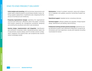 END-TO-END PROJECT DELIVERY
.. Initial analysis and consulting: defining business requirements and
project goals, analyzing systems and processes already in place, de-
fining a system replacement / modification plan, designing the final
picture of architecture and interfacing
.. Proposing organizational changes: specifying the organizational
structure and enforcing it efficiently within the project, including
third parties, preparing risk management procedures, designing
and proofing test procedures and switch-over procedures
.. Solution design, implementation and integration: identification
and verification of business needs, translating business needs into
IT requirements, solution design, proof of concept, solution configu-
ration, integration, first instance tests, user acceptance test, solution
rollout, knowledge transfer
.. Maintenance: incident  problem resolution, setup and configura-
tion of upgrades and updates, proactive monitoring of system pa-
rameters
.. Operational support: helpdesk service, consultancy Services
.. Technical support: software updates and upgrades, change request
design, development and delivery, benchmarking
.. Professional training and best practice exchange: operational cour-
ses delivered to system users, advanced configuration courses for ad-
ministrators and local supervisors, courses and materials (including
multimedia) for trainers
WHYCOMARCHBSS/OSSPORTFOLIOSUCCESSWHYCOMARCHBSS/OSSPORTFOLIOSUCCESS
BSS/OSS PORTFOLIO54
 