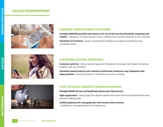 VALUE PROPOSITION
CUSTOMER-CENTRIC APPROACH
Customer centricity – enjoy a tailored approach throughout the project and shape the solution
together with our architects
Standards-based products with common architectural constructs, easy integration with
legacy systems – build future-proof IT architectures for your company
FLEXIBLE, CONFIGURABLE SOLUTIONS
Complete BSS/OSS portfolio with feature-rich, out-of-the-box functionalities, templates and
models – manage all crucial processes in your company from network resources to the customer
Flexibility of IT solutions – easily customize and configure your system according to your
company’s needs
COST-EFFICIENT BSS/OSS TRANSFORMATIONS
Managed B/OSS Service and SaaS/PaaS options (own Data Center)
Agile organization – easily access the relevant experts from each domain and benefit from short
decision-making paths
Unified experience for managing new multi-tenant online services
– benefit from the opportunities of the digital era
WHYCOMARCHBSS/OSSPORTFOLIOSUCCESS
WHY COMARCH72
 