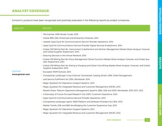 Comarch’s products have been recognized and positively evaluated in the following reports by analyst companies:
ANALYST COVERAGE
ANALYST REPORT
Gartner
www.gartner.com
.. The Gartner CRM Vendor Guide, 2015
.. Global BSS, OSS, Enhanced and Enterprise Initiatives, 2014
.. Update Hype Cycle for Communications Service Provider Operations, 2014
.. Hype Cycle for Communications Service Provider Digital Services Enablement, 2014
.. Global CSP Billing Part 6b: Interconnect  Settlement and Partner Management Market Share Analysis, Forecast,
and Global Supplier Assessment, 2014
.. Assuring Services in the Virtual Network, 2014
.. Global CSP Billing Part 5b: Policy Management (Rules Function) Market Share Analysis, Forecast, and Global Sup-
plier Assessment, 2014
.. Global CSP Billing Part 4b: Rating  Charging and Other Core Billing Market Share Analysis, Forecast, and Global
Supplier Assessment, 2014
.. European M2M Outlook, 2014
.. Competitive Landscape: Cross-Channel, Centralized, Catalog-Driven CRM, Order Management
.. and Service Fulfillment for CSPs, Worldwide, 2014
.. Magic Quadrant for Operations Support Systems, 2013
.. Magic Quadrant for Integrated Revenue and Customer Management (IRCM), 2013
.. Market Share: Telecom Operations Management Systems (BSS, OSS and SDP), Worldwide, 2010-2011, 2012
.. A Roundup of Future-Focused Research Into CSPs’ Customer Experience, 2012
.. Hype Cycle for Communications Service Provider Operations, 2012
.. Competitive Landscape report: M2M Platform and Software Providers for CSPs, 2012
.. Market Trends: OSS and BSS Are Bridging the Customer Experience Gap, 2012
.. Magic Quadrant for Operations Support Systems, 2012
.. Magic Quadrant for Integrated Revenue and Customer Management (IRCM), 2012
WHYCOMARCHBSS/OSSPORTFOLIOSUCCESS
WHY COMARCH 73
 