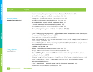 Analysys Mason
www.analysysmason.com
.. Modern Inventory Management Systems: Pricing Models and Market Review, 2014
.. Service fulfilment systems: worldwide market shares 2012, 2013
.. Management World 2012: what’s new in service fulfillment?, 2012
.. Service fulfillment systems: worldwide forecast 2012–2016, 2012
.. M2M management software: supplier and product review, 2012
.. Customer care systems: worldwide market shares 2011, 2012
.. Service fulfillment systems: worldwide market shares 2011, 2012
.. Revenue management systems: worldwide market shares 2011, 2012
Frost  Sullivan
www.frost.com
.. Global CSP Billing Part 6b: Interconnect  Settlement and Partner Management Market Share Analysis,
Forecast, and Global Supplier Assessment, 2014
.. Assuring Services in the Virtual Network, 2014
.. Global CSP Billing Part 5b: Policy Management (Rules Function) Market Share Analysis, Forecast, and
Global Supplier Assessment, 2014
.. Global CSP Billing Part 4b: Rating  Charging and Other Core Billing Market Share Analysis, Forecast,
and Global Supplier Assessment, 2014
.. European M2M Outlook, 2014
.. Western European Mobile Communications Outlook 2011, 2012
.. Analysis of the Global Customer Experience Monitoring Market, 2012
.. Global CSP Billing Part 6: Interconnect  Settlements and Partner Management Market Forecast
.. and Supplier Assessment, 2012
.. Global CSP Billing Part 5: Policy Management (Policy Reference) Market Forecast and Supplier Assessment, 2012
.. Global CSP Billing Part 4: Rating  Charging and Other Core Billing Functions Market Forecast
.. and Supplier Assessment, 2011
.. Global CSP Billing Part 3: Mediation Market Forecast and Supplier Assessment , 2011
.. Sophisticated Services Demand Self-Tuning OSS, 2010
ANALYST REPORT
WHYCOMARCHBSS/OSSPORTFOLIOSUCCESS
WHY COMARCH74
 