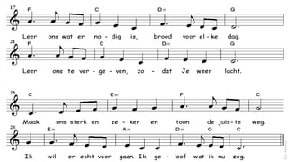 Vader van alle mensen onzichtbaar, toch dichtbij. Jouw naam is heel bijzonder: "Je bent er steeds voor mij" Doe Jouw dromen komen, Jouw hemels mooie plan. Die vrede wil ik brengen en helpen waar ik kan. Leer ons wat er nodig is, brood voor elke dag Leer ons te vergeven zodat Je weer lacht. Maak ons sterk en zeker en toon de juiste weg. Ik wil er echt voor gaan. Ik geloof wat ik nu zeg. (Peter Biesbrouck) 