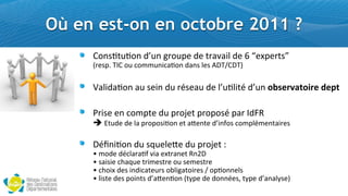 Où en est-on en octobre 2011 ?
     >%/#'0&'%/$)K&/$4+%&7"$)"$0+353,($)"$P$D"E7"+0#F$
     !"#$%&'()*'+,'-+..,/0-12+/'31/$'4#$'56(7*6(8

     Q3(,)3'%/$3&$#",/$)&$+.#"3&$)"$(K&'(,0.$)K&/$07&",/%(0+,"$*"$(

     R+,#"$"/$A%*70"$)&$7+%J"0$7+%7%#.$73+$S)TN
     !!9:,3#'3#'41'%"+%+$02+/'#:'1;#/:#'3<0/=+$'-+.%4>.#/:10"#$

     !.U/,'%/$)&$#C&"("V"$)&$7+%J"0$1$
     ?'.+3#'3>-41"12='@01'#A:"1/#:'B/C6
     ?'$10$0#'-D1E,#':"0.#$:"#'+,'$#.#$:"#
     ?'-D+0A'3#$'0/30-1:#,"$'+F40G1:+0"#$'7'+%2+//#4$
     ?'40$:#'3#$'%+0/:$'3<1;#/2+/'!:H%#'3#'3+//>#$I':H%#'3<1/14H$#8
 