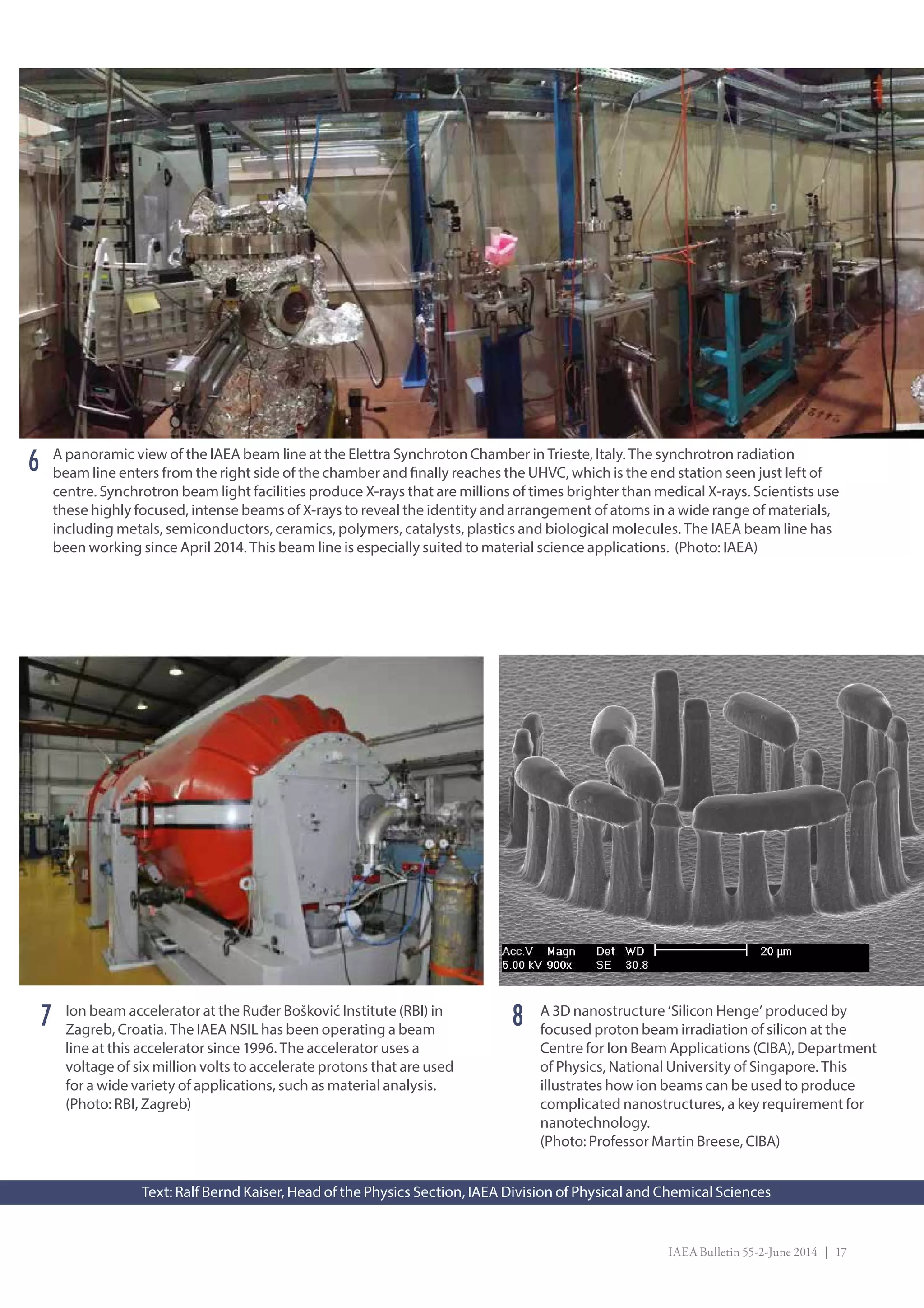 IAEA Bulletin 55-2-June 2014 | 17
A 3D nanostructure ‘Silicon Henge’ produced by
focused proton beam irradiation of silicon at the
Centre for Ion Beam Applications (CIBA), Department
of Physics, National University of Singapore. This
illustrates how ion beams can be used to produce
complicated nanostructures, a key requirement for
nanotechnology.
(Photo: Professor Martin Breese, CIBA)
A panoramic view of the IAEA beam line at the Elettra Synchroton Chamber in Trieste, Italy. The synchrotron radiation
beam line enters from the right side of the chamber and finally reaches the UHVC, which is the end station seen just left of
centre. Synchrotron beam light facilities produce X-rays that are millions of times brighter than medical X-rays. Scientists use
these highly focused, intense beams of X-rays to reveal the identity and arrangement of atoms in a wide range of materials,
including metals, semiconductors, ceramics, polymers, catalysts, plastics and biological molecules. The IAEA beam line has
been working since April 2014. This beam line is especially suited to material science applications. (Photo: IAEA)
Ion beam accelerator at the Ruđer Bošković Institute (RBI) in
Zagreb, Croatia. The IAEA NSIL has been operating a beam
line at this accelerator since 1996. The accelerator uses a
voltage of six million volts to accelerate protons that are used
for a wide variety of applications, such as material analysis.
(Photo: RBI, Zagreb)
6
87
Text: Ralf Bernd Kaiser, Head of the Physics Section, IAEA Division of Physical and Chemical Sciences
 