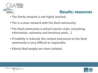 Results: resources
• The family network is not highly meshed.
• The is a close network with the Deaf community.
• The Deaf community is active! (senior clubs, consulting,
information, volontary and honorary work,...)
• If mobility is reduced, the contact and access to the Deaf
community is very difficult or impossible.
• Elderly Deaf people are more isolated.
 