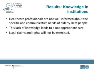 Results: Knowledge in
institutions
• Healthcare professionals are not well informed about the
specific and communicative needs of elderly Deaf people.
• This lack of knowledge leads to a not appropriate care.
• Legal claims and rights will not be exercised.
 