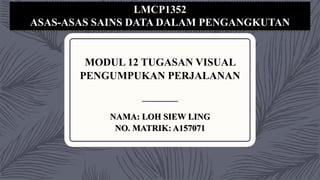 MODUL 12 TUGASAN VISUAL
PENGUMPUKAN PERJALANAN
NAMA: LOH SIEW LING
NO. MATRIK: A157071
LMCP1352
ASAS-ASAS SAINS DATA DALAM PENGANGKUTAN
 