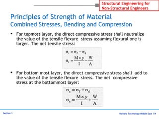 Haward Technology Middle East 54
Structural Engineering for
Non-Structural Engineers
Section 1
Principles of Strength of Material
Combined Stresses, Bending and Compression
 For topmost layer, the direct compressive stress shall neutralize
the value of the tensile flexure stress-assuming flexural one is
larger. The net tensile stress:
 For bottom most layer, the direct compressive stress shall add to
the value of the tensile flexure stress. The net compressive
stress at the bottommost layer:
 