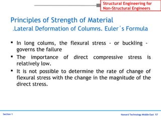 Haward Technology Middle East 57
Structural Engineering for
Non-Structural Engineers
Section 1
Principles of Strength of Material
Lateral Deformation of Columns. Euler´s Formula.
 In long colums, the flexural stress - or buckling -
governs the failure
 The importance of direct compressive stress is
relatively low.
 It is not possible to determine the rate of change of
flexural stress with the change in the magnitude of the
direct stress.
 