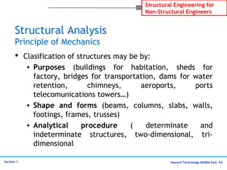 Haward Technology Middle East 64
Structural Engineering for
Non-Structural Engineers
Section 1
Structural Analysis
Principle of Mechanics
 Clasification of structures may be by:
• Purposes (buildings for habitation, sheds for
factory, bridges for transportation, dams for water
retention, chimneys, aeroports, ports
telecomunications towers…)
• Shape and forms (beams, columns, slabs, walls,
footings, frames, trusses)
• Analytical procedure ( determinate and
indeterminate structures, two-dimensional, tri-
dimensional
 