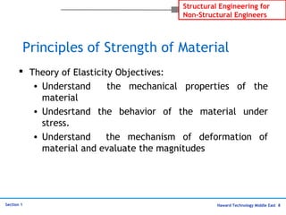 Haward Technology Middle East 8
Structural Engineering for
Non-Structural Engineers
Section 1
Principles of Strength of Material
 Theory of Elasticity Objectives:
• Understand the mechanical properties of the
material
• Undesrtand the behavior of the material under
stress.
• Understand the mechanism of deformation of
material and evaluate the magnitudes
 