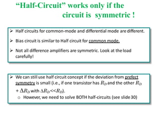 “Half-Circuit” works only if the
circuit is symmetric !
 Half circuits for common-mode and differential mode aredifferent.
 Bias circuit is similar to Half circuit for common mode.
 Not all difference amplifiers are symmetric. Look at theload
carefully!
 We can still use half circuit concept if the deviation from prefect
symmetry is small (i.e., if one transistor has RD and the other RD
+ RD with RD <<RD).
o However, we need to solve BOTH half-circuits (see slide30)
 