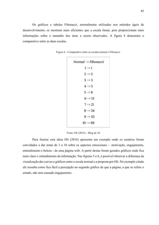 45
Os gráficos e tabelas Fibonacci, normalmente utilizados nos métodos ágeis de
desenvolvimento, se mostram mais eficientes que a escala linear, pois proporcionam mais
informações sobre o tamanho dos itens a serem observados. A figura 4 demonstra o
comparativo entre as duas escalas.
Figura 4 – Comparativo entre as escalas normal e Fibonacci
Fonte: Oli (2016) – Blog de AI
Para ilustrar esta ideia Oli (2016) apresenta um exemplo onde os usuários foram
convidados a dar notas de 1 a 10 sobre os aspectos emocionais - motivação, engajamento,
entendimento e beleza - de uma página web. A partir destas foram gerados gráficos onde fica
mais claro o entendimento da informação. Nas figuras 5 e 6, é possível observar a diferença da
visualização das curvas e gráficos entre a escala normal e a proposta por Oli. No exemplo citado
ele ressalta como fica fácil a percepção no segundo gráfico de que a página, a que se refere o
estudo, não tem causado engajamento.
 