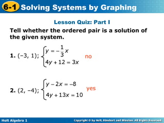 Lesson Quiz: Part I Tell whether the ordered pair is a solution of the given system.  1.  (–3, 1); 2.  (2, –4); yes no 