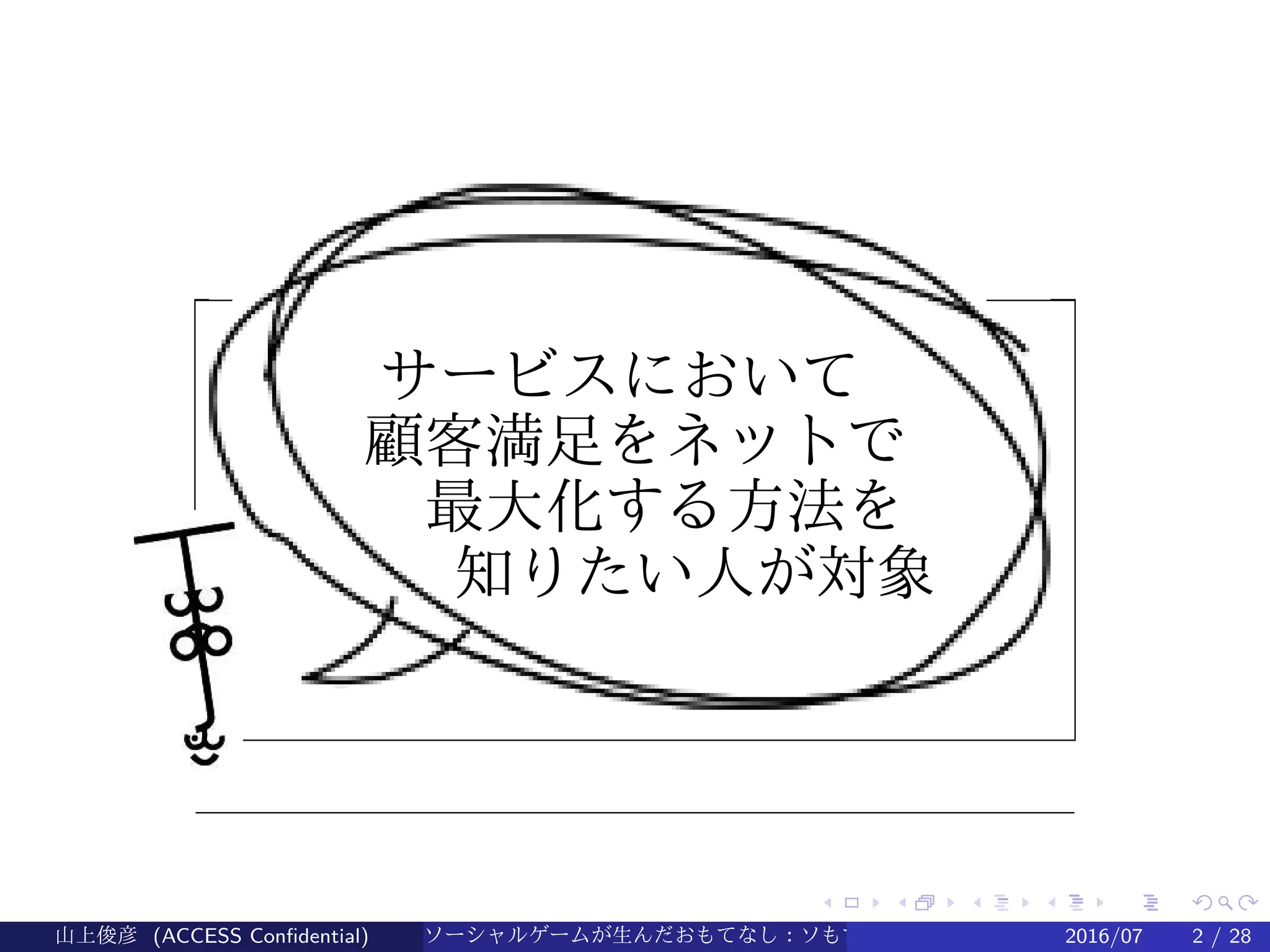 .
.
.
.
.
.
.
.
.
.
.
.
.
.
.
.
.
.
.
.
.
.
.
.
.
.
.
.
.
.
.
.
.
.
.
.
.
.
.
.
サービスにおいて
顧客満足をネットで
　最大化する方法を
　　知りたい人が対象
山上俊彦 (ACCESS Confidential) ソーシャルゲームが生んだおもてなし：ソもてなし理論 2016/07 2 / 28
 