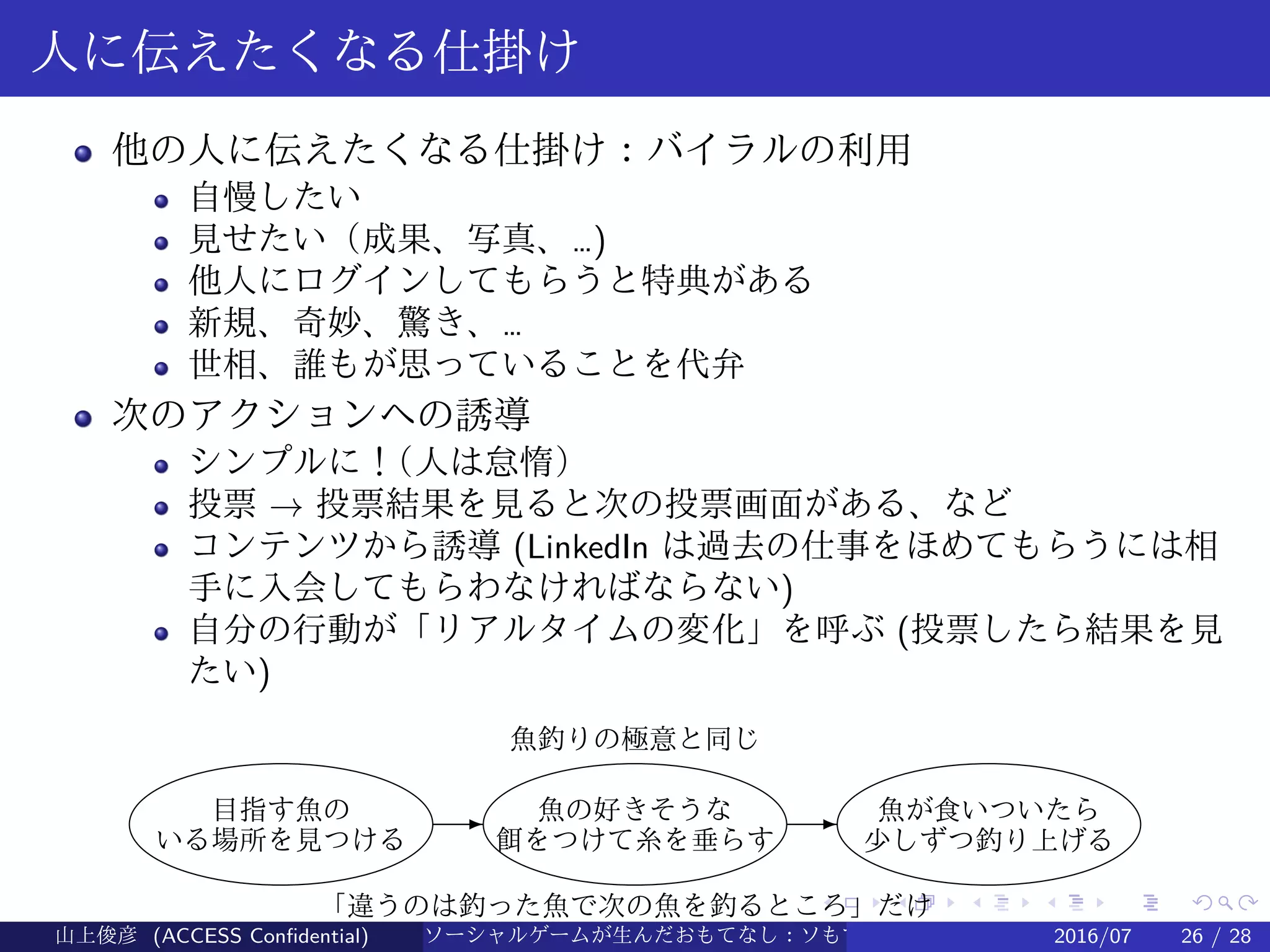 .
.
.
.
.
.
.
.
.
.
.
.
.
.
.
.
.
.
.
.
.
.
.
.
.
.
.
.
.
.
.
.
.
.
.
.
.
.
.
.
人に伝えたくなる仕掛け
他の人に伝えたくなる仕掛け：バイラルの利用
自慢したい
見せたい（成果、写真、…)
他人にログインしてもらうと特典がある
新規、奇妙、驚き、…
世相、誰もが思っていることを代弁
次のアクションへの誘導
シンプルに！（人は怠惰）
投票 → 投票結果を見ると次の投票画面がある、など
コンテンツから誘導 (LinkedIn は過去の仕事をほめてもらうには相
手に入会してもらわなければならない)
自分の行動が「リアルタイムの変化」を呼ぶ (投票したら結果を見
たい)
魚釣りの極意と同じ
目指す魚の
いる場所を見つける
E 魚の好きそうな
餌をつけて糸を垂らす
E 魚が食いついたら
少しずつ釣り上げる
「違うのは釣った魚で次の魚を釣るところ」だけ
山上俊彦 (ACCESS Confidential) ソーシャルゲームが生んだおもてなし：ソもてなし理論 2016/07 26 / 28
 