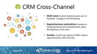 CRM Cross-Channel
• Multi-canal: Custom Audiences para usar en
Facebook / Google / Email Marketing
• Segmentaciones automáticas: basadas en
comportamientos del visitante/cliente, datos
demográficos, entre otros
• Eventos: cuanto más registra el CRM, mejores
segmentaciones y ROI más altos
 