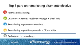 Top 5 para un remarketing altamente efectivo
Permission Marketing
CRM Cross-Channel: Facebook + Google + Email Mkt
Remarketing según comportamiento
Remarketing según tiempo desde la última visita
Exclusiones recomendadas
 