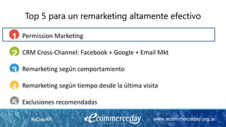 Top 5 para un remarketing altamente efectivo
Permission Marketing
CRM Cross-Channel: Facebook + Google + Email Mkt
Remarketing según comportamiento
Remarketing según tiempo desde la última visita
Exclusiones recomendadas
 