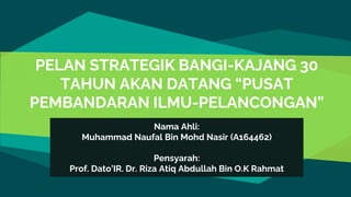 PELAN STRATEGIK BANGI-KAJANG 30
TAHUN AKAN DATANG “PUSAT
PEMBANDARAN ILMU-PELANCONGAN”
Nama Ahli:
Muhammad Naufal Bin Mohd Nasir (A164462)
Pensyarah:
Prof. Dato’IR. Dr. Riza Atiq Abdullah Bin O.K Rahmat
 