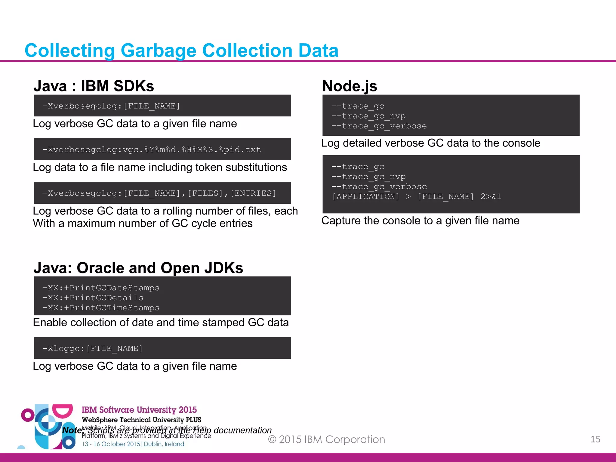 © 2015 IBM Corporation 15 -Xverbosegclog:[FILE_NAME] --trace_gc --trace_gc_nvp --trace_gc_verbose Java : IBM SDKs Node.js Java: Oracle and Open JDKs Note: Scripts are provided in the Help documentation Log verbose GC data to a given file name -Xverbosegclog:[FILE_NAME],[FILES],[ENTRIES] Log verbose GC data to a rolling number of files, each With a maximum number of GC cycle entries -Xverbosegclog:vgc.%Y%m%d.%H%M%S.%pid.txt Log data to a file name including token substitutions -XX:+PrintGCDateStamps -XX:+PrintGCDetails -XX:+PrintGCTimeStamps -Xloggc:[FILE_NAME] Log verbose GC data to a given file name Enable collection of date and time stamped GC data Log detailed verbose GC data to the console --trace_gc --trace_gc_nvp --trace_gc_verbose [APPLICATION] > [FILE_NAME] 2>&1 Capture the console to a given file name Collecting Garbage Collection Data 