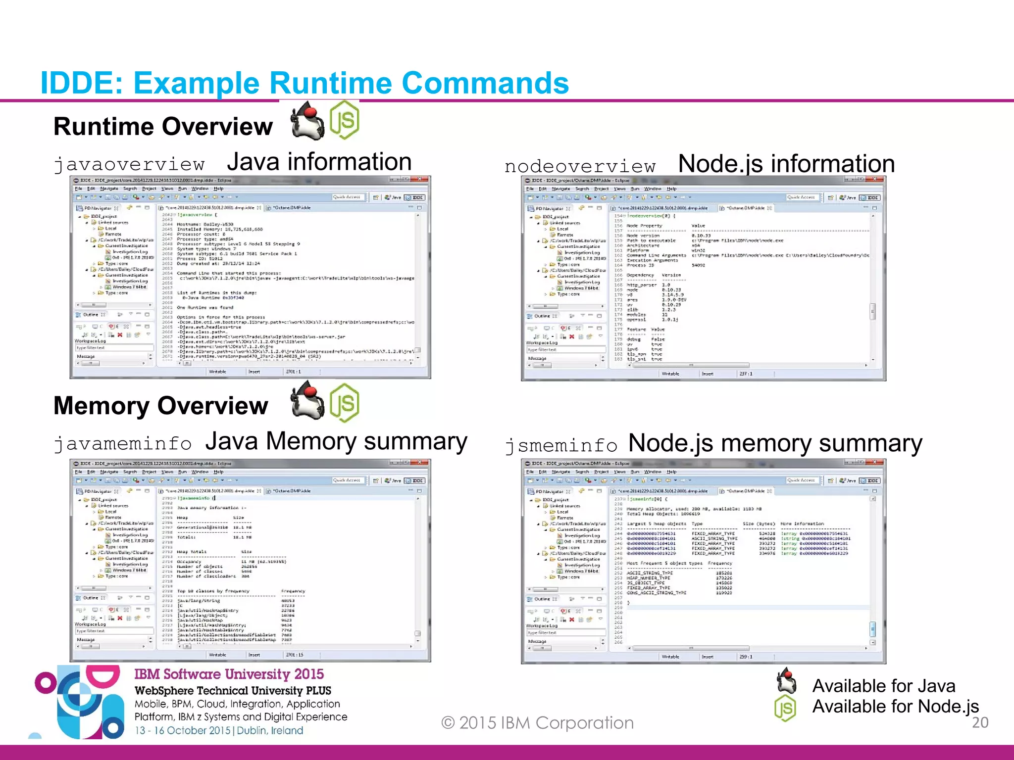 © 2015 IBM Corporation 20 IDDE: Example Runtime Commands Available for Java Available for Node.js Runtime Overview javaoverview Java information nodeoverview Node.js information Memory Overview javameminfo Java Memory summary jsmeminfo Node.js memory summary 