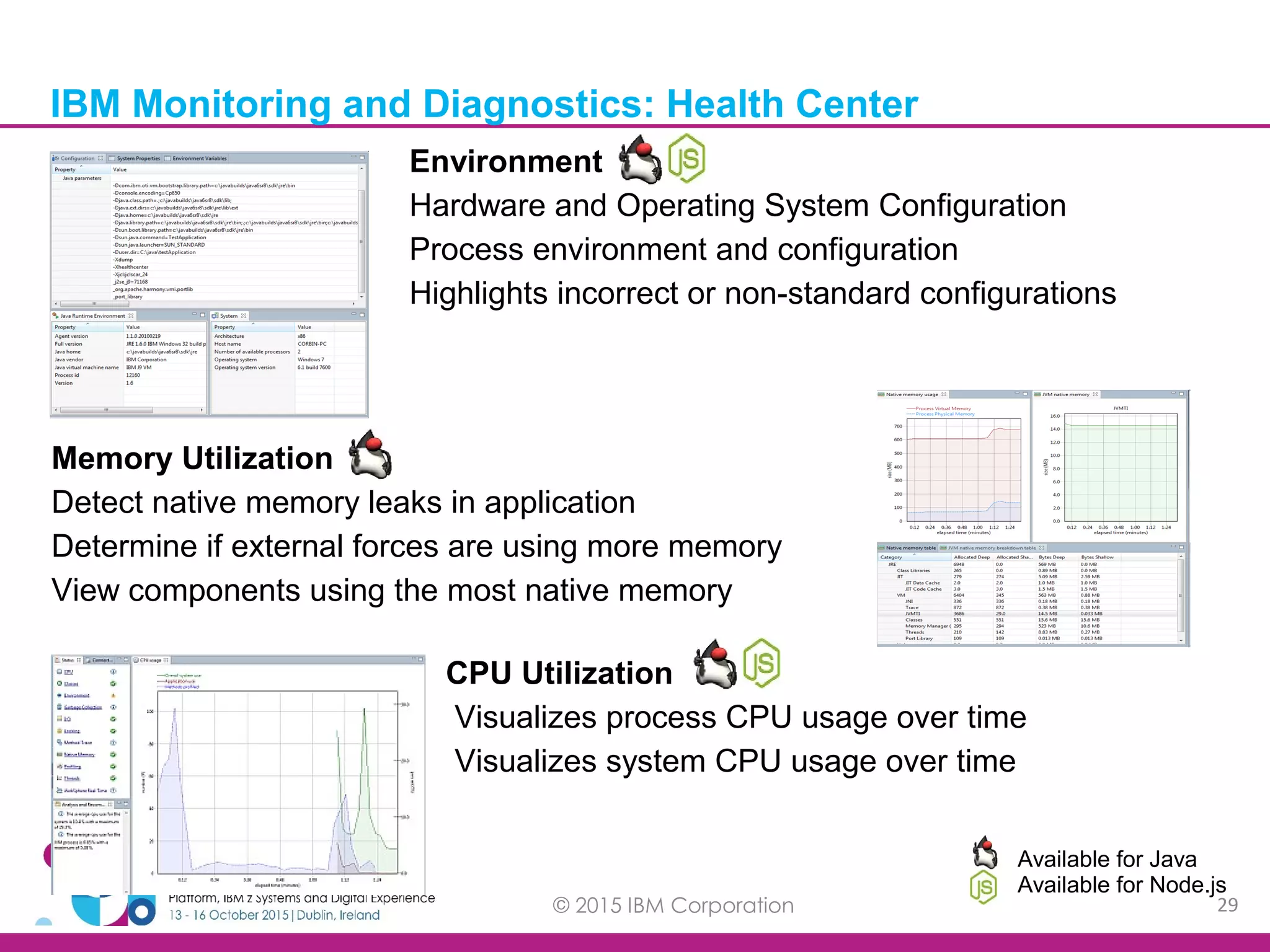 © 2015 IBM Corporation 29 IBM Monitoring and Diagnostics: Health Center Available for Java Available for Node.js Memory Utilization Detect native memory leaks in application Determine if external forces are using more memory View components using the most native memory Environment Hardware and Operating System Configuration Process environment and configuration Highlights incorrect or non-standard configurations CPU Utilization Visualizes process CPU usage over time Visualizes system CPU usage over time 