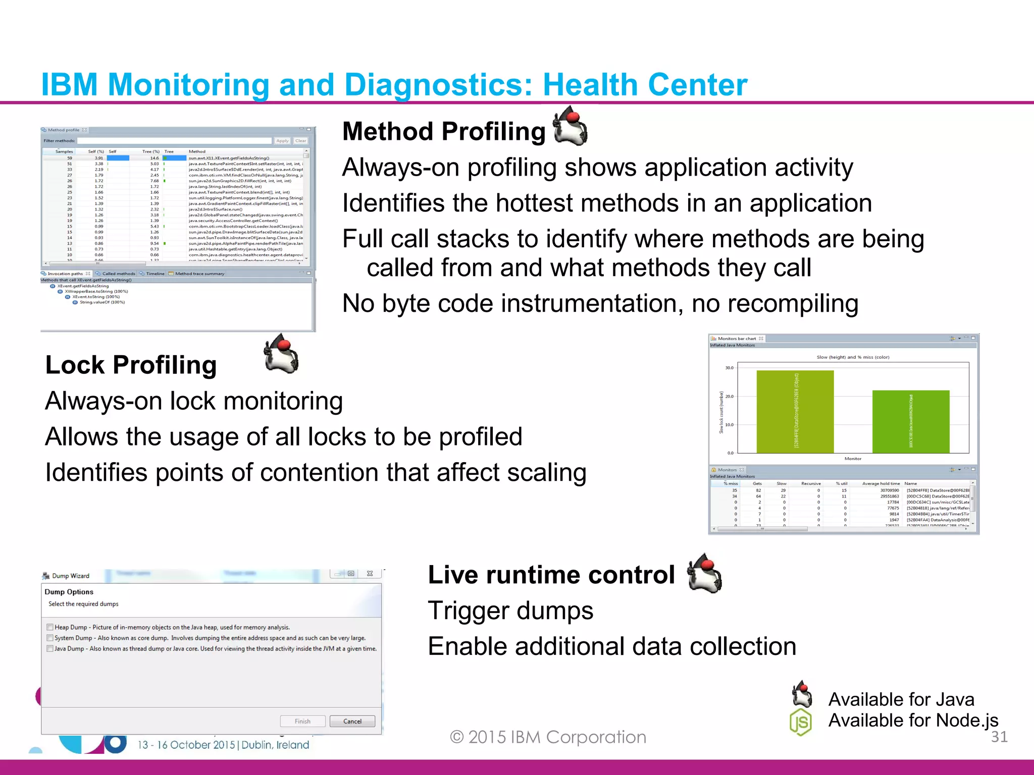 © 2015 IBM Corporation 31 IBM Monitoring and Diagnostics: Health Center Available for Java Available for Node.js Lock Profiling Always-on lock monitoring Allows the usage of all locks to be profiled Identifies points of contention that affect scaling Live runtime control Trigger dumps Enable additional data collection Method Profiling Always-on profiling shows application activity Identifies the hottest methods in an application Full call stacks to identify where methods are being called from and what methods they call No byte code instrumentation, no recompiling 