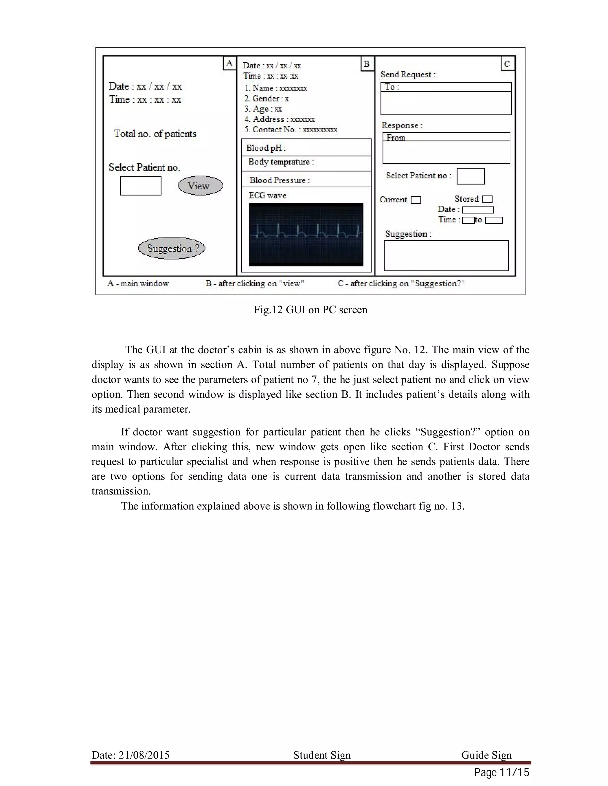 Date: 21/08/2015 Student Sign Guide Sign
Page 11/15
Fig.12 GUI on PC screen
The GUI at the doctor’s cabin is as shown in above figure No. 12. The main view of the
display is as shown in section A. Total number of patients on that day is displayed. Suppose
doctor wants to see the parameters of patient no 7, the he just select patient no and click on view
option. Then second window is displayed like section B. It includes patient’s details along with
its medical parameter.
If doctor want suggestion for particular patient then he clicks “Suggestion?” option on
main window. After clicking this, new window gets open like section C. First Doctor sends
request to particular specialist and when response is positive then he sends patients data. There
are two options for sending data one is current data transmission and another is stored data
transmission.
The information explained above is shown in following flowchart fig no. 13.
 