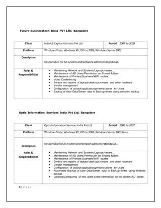 5 | P a g e
Future Businesstech India PVT LTD, Bangalore
Client Indo US Capital Advisors Pvt Ltd Period 2007 to 2009
Platform Windows Vista; Windows XP; Office 2003; Windows Server 2003
Description
Responsible for All System and Network administration tasks.
Roles &
Responsibilities
 Maintaining Network and Systems/Laptops/servers,.
 Maintenance of AD Users/Permission on Shared folders
 Maintenance of Printers/Scanners/WIFI routers
 Video Conferencing
 Service and repairs of laptops/desktops/servers and other hardware
 Vendor management
 Configuration of outlook/application/printer/scanner for Users
 Backup of User Data/Server data to Backup drives using windows backup
Optis Information Services India Pvt Ltd, Bangalore
Client Optis Information Services India Pvt Ltd Period 2006 to 2007
Platform Windows Vista; Windows XP; Office 2003; Windows Server 2003;Linux
Description
Responsible forAll SystemandNetworkadministrationtasks..
Roles &
Responsibilities
 Maintaining Network and Systems/Laptops/servers,.
 Maintenance of AD Users/Permission on Shared folders
 Maintenance of Printers/Scanners/WIFI routers
 Service and repairs of laptops/desktops/servers and other hardware
 Vendor management
 Configuration of outlook/application/printer/scanner for Users
 Automated Backup of User Data/Server data to Backup drives using windows
backup
 Creating/Configuring of new users share permission on file serversAD server.
 