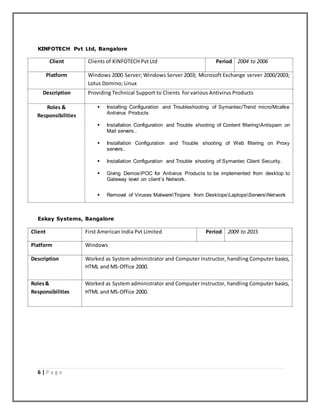 6 | P a g e
KINFOTECH Pvt Ltd, Bangalore
Client Clients of KINFOTECH Pvt Ltd Period 2004 to 2006
Platform Windows 2000 Server; Windows Server 2003; Microsoft Exchange server 2000/2003;
Lotus Domino; Linux
Description Providing Technical Support to Clients for various Antivirus Products
Roles &
Responsibilities
 Installing Configuration and Troubleshooting of Symantec/Trend micro/Mcafee
Antivirus Products
 Installation Configuration and Trouble shooting of Content filteringAntispam on
Mail servers..
 Installation Configuration and Trouble shooting of Web filtering on Proxy
servers..
 Installation Configuration and Trouble shooting of Symantec Client Security.
 Giving DemosPOC for Antivirus Products to be implemented from desktop to
Gateway level on client’s Network.
 Removal of Viruses MalwareTrojans from DesktopsLaptopsServersNetwork
Eskay Systems, Bangalore
Client First American India Pvt Limited Period 2009 to 2015
Platform Windows
Description Worked as System administrator and Computer Instructor, handling Computer basics,
HTML and MS-Office 2000.
Roles&
Responsibilities
Worked as System administrator and Computer Instructor, handling Computer basics,
HTML and MS-Office 2000.
 
