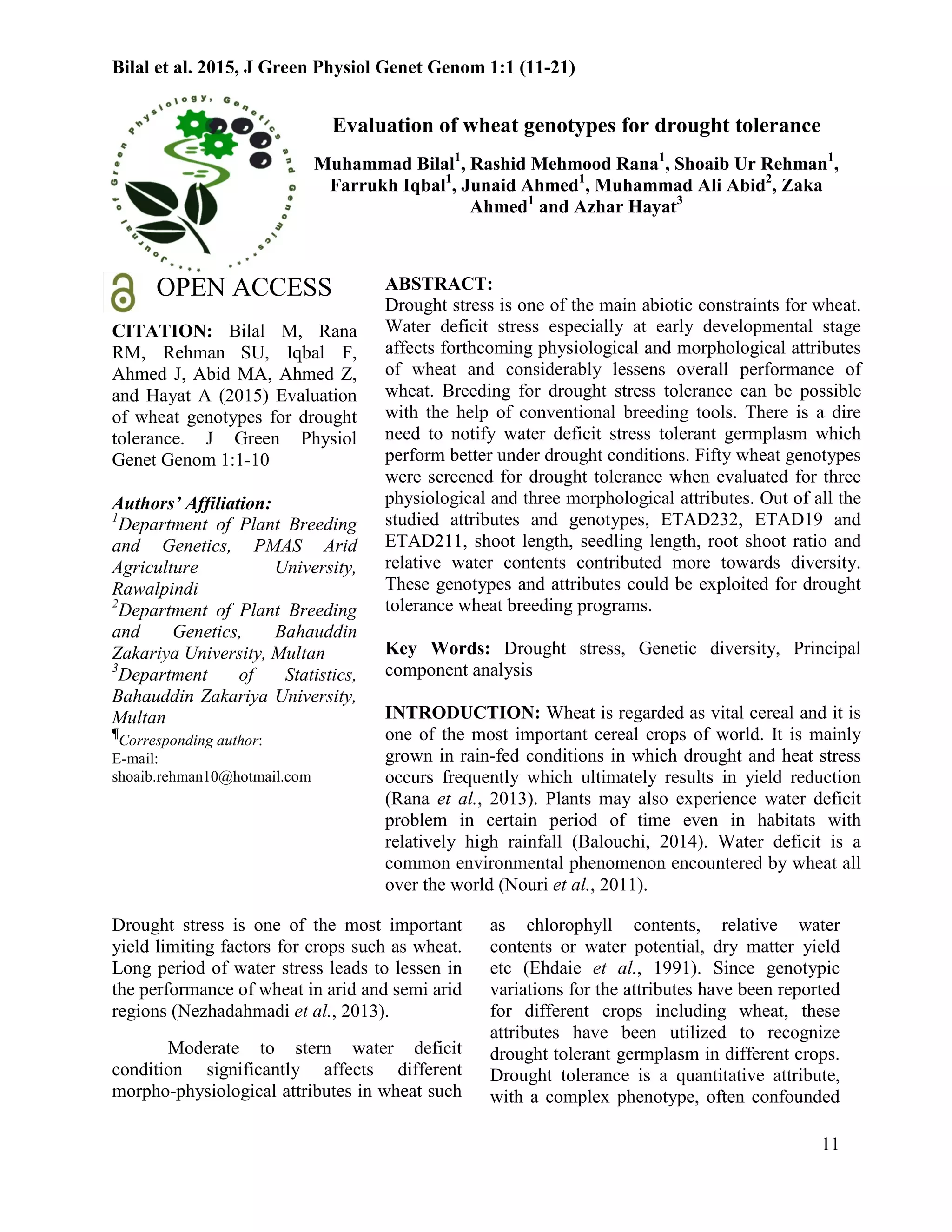 Evaluation of wheat genotypes for drought tolerance | PDF | Agriculture ...