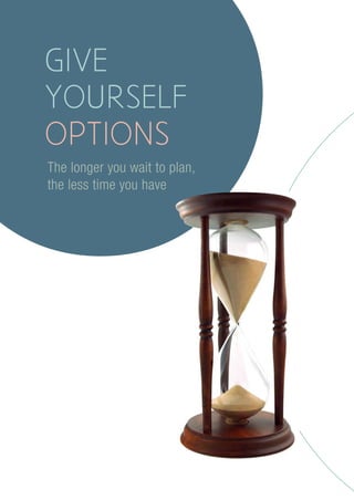 GIVE
YOURSELF
OPTIONS
The longer you wait to plan,
the less time you have
 