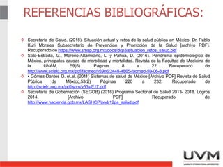 REFERENCIAS BIBLIOGRÁFICAS:
11
 Secretaría de Salud. (2018). Situación actual y retos de la salud pública en México: Dr. Pablo
Kuri Morales Subsecretario de Prevención y Promoción de la Salud [archivo PDF].
Recuperado de https://www.smsp.org.mx/docs/dcp3/situacion_retos_salud.pdf
 Soto-Estrada, G., Moreno-Altamirano, L. y Pahua, D. (2016). Panorama epidemiológico de
México, principales causas de morbilidad y mortalidad. Revista de la Facultad de Medicina de
la UNAM, 59(6). Páginas 8 a 22 Recuperado de
http://www.scielo.org.mx/pdf/facmed/v59n6/2448-4865-facmed-59-06-8.pdf
 • Gómez-Dantés O. et.al. (2011) Sistemas de salud de México [Archivo PDF] Revista de Salud
Pública de México,53(2) Páginas 220 a 232. Recuperado de
http://scielo.org.mx/pdf/spm/v53s2/17.pdf
 Secretaría de Gobernación (SEGOB) (2018) Programa Sectorial de Salud 2013- 2018. Logros
2014. [Archivo PDF] Recuperado de
http://www.hacienda.gob.mx/LASHCP/pnd/12ps_salud.pdf
 