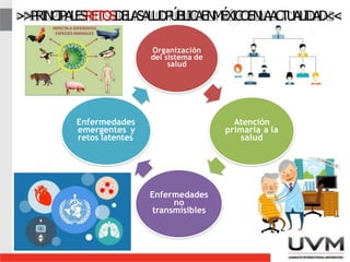 >>PRINCIPALESRETOSDELASALUDPÚBLICAENMÉXICOENLAACTUALIDAD<<
Organización
del sistema de
salud
Atención
primaria a la
salud
Enfermedades
no
transmisibles
Enfermedades
emergentes y
retos latentes
8
 