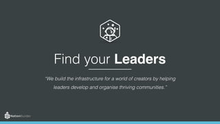 Find your Leaders
“We build the infrastructure for a world of creators by helping
leaders develop and organise thriving communities.”