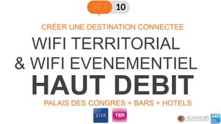 CRÉER UNE DESTINATION CONNECTEE 
WIFI TERRITORIAL 
& WIFI EVENEMENTIEL 
HAUT DEBIT 
PALAIS DES CONGRES + BARS + HOTELS  