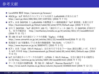 .
.
.
.
.
.
.
.
.
.
.
.
.
.
.
.
.
.
.
.
.
.
.
.
.
.
.
.
.
.
.
.
.
.
.
.
.
.
.
.
参考文献
LoraWAN 概要 https://soracom.jp/lorawan/
ASCII.jp：IoT 時代のラストワンマイルを担う LoRaWAN の実力とは？
http://ascii.jp/elem/000/001/197/1197315/ (2016 年 7 月)
ICT× 未来 SIGFOX と LoRaWAN の衝撃波！——価格破壊が「IoT 新需要」を創り出す　
http://businessnetwork.jp/Detail/tabid/65/artid/4774/Default.aspx (2016 年 8 月)
京セラ SIGFOX：「IoT 通信料年 100 円」「通信モジュール 200 円」の SIGFOX が国内で
も、安さの秘訣は　 http://techfactory.itmedia.co.jp/tf/articles/1611/17/news009.html
(2016 年 11 月) ）
第 198 回 IoT 向け通信インフラの黒船「Sigfox」の脅威　
http://www.atmarkit.co.jp/ait/articles/1611/22/news030.html(2016 年 12 月)
乾電池で 10 年駆動も！？日本発の無線規格「Wi-SUN」って何だ？-
http://www.keyman.or.jp/at/30007477/ (2015 年 3 月)
ICT× 未来「11ah（Wi-Fi HaLow）」は日本でどうなる？——1km 通信は難しいが、それで
も IoT の本命 http://businessnetwork.jp/Detail/tabid/65/artid/4641/Default.aspx (2016
年 6 月)
IoT 向け通信ネットワークの台頭で：LPWA と Wi-Fi HaLow、完全に競合する可能性も
(1/3) http://eetimes.jp/ee/articles/1607/29/news030.html (2016 年 7 月)
ケータイ用語の基礎知識　第 785 回：NB-IoT（Narrow Band-IoT）とは　
http://k-tai.watch.impress.co.jp/docs/column/keyword/1034820.html (2016 年 12 月)
山上俊彦 (ACCESS Confidential) LPWA とは？ 2017/02 10 / 10
 