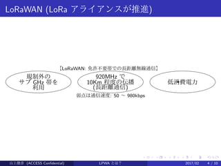 .
.
.
.
.
.
.
.
.
.
.
.
.
.
.
.
.
.
.
.
.
.
.
.
.
.
.
.
.
.
.
.
.
.
.
.
.
.
.
.
LoRaWAN (LoRa アライアンスが推進)
規制外の
サブ GHz 帯を
利用
920MHz で
10Km 程度の伝播
(長距離通信)
低消費電力
【LoRaWAN: 免許不要帯での長距離無線通信】
弱点は通信速度: 50 〜 980kbps
山上俊彦 (ACCESS Confidential) LPWA とは？ 2017/02 4 / 10
 