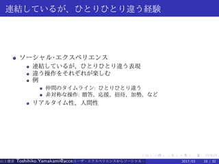 .
.
.
.
.
.
.
.
.
.
.
.
.
.
.
.
.
.
.
.
.
.
.
.
.
.
.
.
.
.
.
.
.
.
.
.
.
.
.
.
連結しているが、ひとりひとり違う経験
ソーシャル·エクスペリエンス
連結しているが、ひとりひとり違う表現
違う操作をそれぞれが楽しむ
例
仲間のタイムライン: ひとりひとり違う
非対称な操作: 贈答、応援、招待、加勢、など
リアルタイム性、人間性
山上俊彦 Toshihiko.Yamakami@access-company.com (ACCESS)ユーザ・エクスペリエンスからソーシャル・エクスペリエンスへ：2017/03 10 / 32
 