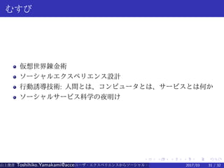.
.
.
.
.
.
.
.
.
.
.
.
.
.
.
.
.
.
.
.
.
.
.
.
.
.
.
.
.
.
.
.
.
.
.
.
.
.
.
.
むすび
仮想世界錬金術
ソーシャルエクスペリエンス設計
行動誘導技術: 人間とは、コンピュータとは、サービスとは何か
ソーシャルサービス科学の夜明け
山上俊彦 Toshihiko.Yamakami@access-company.com (ACCESS)ユーザ・エクスペリエンスからソーシャル・エクスペリエンスへ：2017/03 31 / 32
 