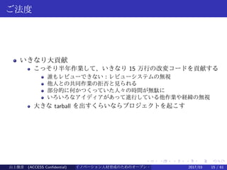 .
.
.
.
.
.
.
.
.
.
.
.
.
.
.
.
.
.
.
.
.
.
.
.
.
.
.
.
.
.
.
.
.
.
.
.
.
.
.
.
ご法度
いきなり大貢献
こっそり半年作業して、いきなり 15 万行の改変コードを貢献する
誰もレビューできない：レビューシステムの無視
他人との共同作業の拒否と見られる
部分的に何かつくっていた人々の時間が無駄に
いろいろなアイディアがあって進行している他作業や経緯の無視
大きな tarball を出すくらいならプロジェクトを起こす
山上俊彦 (ACCESS Confidential) イノベーション人材育成のためのオープン・ソース・ソフトウェア概説2017/03 15 / 61
 