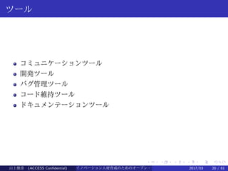 .
.
.
.
.
.
.
.
.
.
.
.
.
.
.
.
.
.
.
.
.
.
.
.
.
.
.
.
.
.
.
.
.
.
.
.
.
.
.
.
ツール
コミュニケーションツール
開発ツール
バグ管理ツール
コード維持ツール
ドキュメンテーションツール
山上俊彦 (ACCESS Confidential) イノベーション人材育成のためのオープン・ソース・ソフトウェア概説2017/03 20 / 61
 