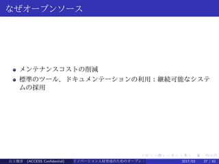.
.
.
.
.
.
.
.
.
.
.
.
.
.
.
.
.
.
.
.
.
.
.
.
.
.
.
.
.
.
.
.
.
.
.
.
.
.
.
.
なぜオープンソース
メンテナンスコストの削減
標準のツール、ドキュメンテーションの利用：継続可能なシステ
ムの採用
山上俊彦 (ACCESS Confidential) イノベーション人材育成のためのオープン・ソース・ソフトウェア概説2017/03 27 / 61
 