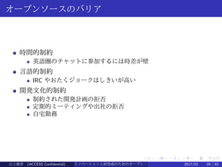.
.
.
.
.
.
.
.
.
.
.
.
.
.
.
.
.
.
.
.
.
.
.
.
.
.
.
.
.
.
.
.
.
.
.
.
.
.
.
.
オープンソースのバリア
時間的制約
英語圏のチャットに参加するには時差が壁
言語的制約
IRC やおたくジョークはしきいが高い
開発文化的制約
制約された開発計画の拒否
定期的ミーティングや出社の拒否
自宅勤務
山上俊彦 (ACCESS Confidential) イノベーション人材育成のためのオープン・ソース・ソフトウェア概説2017/03 29 / 61
 