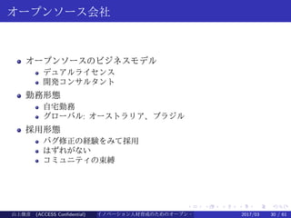 .
.
.
.
.
.
.
.
.
.
.
.
.
.
.
.
.
.
.
.
.
.
.
.
.
.
.
.
.
.
.
.
.
.
.
.
.
.
.
.
オープンソース会社
オープンソースのビジネスモデル
デュアルライセンス
開発コンサルタント
勤務形態
自宅勤務
グローバル: オーストラリア、ブラジル
採用形態
バグ修正の経験をみて採用
はずれがない
コミュニティの束縛
山上俊彦 (ACCESS Confidential) イノベーション人材育成のためのオープン・ソース・ソフトウェア概説2017/03 30 / 61
 