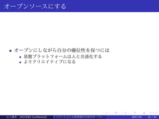 .
.
.
.
.
.
.
.
.
.
.
.
.
.
.
.
.
.
.
.
.
.
.
.
.
.
.
.
.
.
.
.
.
.
.
.
.
.
.
.
オープンソースにする
オープンにしながら自分の優位性を保つには
基盤プラットフォームは人と共通化する
よりクリエイティブになる
山上俊彦 (ACCESS Confidential) イノベーション人材育成のためのオープン・ソース・ソフトウェア概説2017/03 33 / 61
 