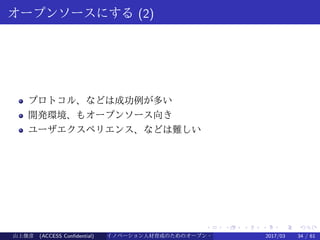 .
.
.
.
.
.
.
.
.
.
.
.
.
.
.
.
.
.
.
.
.
.
.
.
.
.
.
.
.
.
.
.
.
.
.
.
.
.
.
.
オープンソースにする (2)
プロトコル、などは成功例が多い
開発環境、もオープンソース向き
ユーザエクスペリエンス、などは難しい
山上俊彦 (ACCESS Confidential) イノベーション人材育成のためのオープン・ソース・ソフトウェア概説2017/03 34 / 61
 